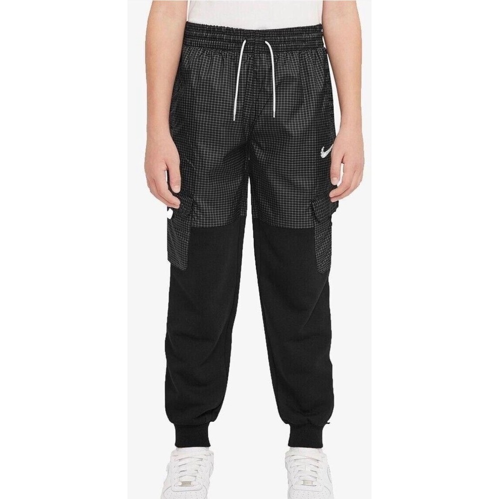 Nike Youth Cargo Joggers Black Grid Pattern Mixed Media Sweatpants Large. NWOT.